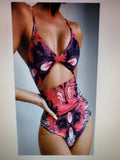 Allover Graphic Cut Out One Piece Swimsuit - Large
