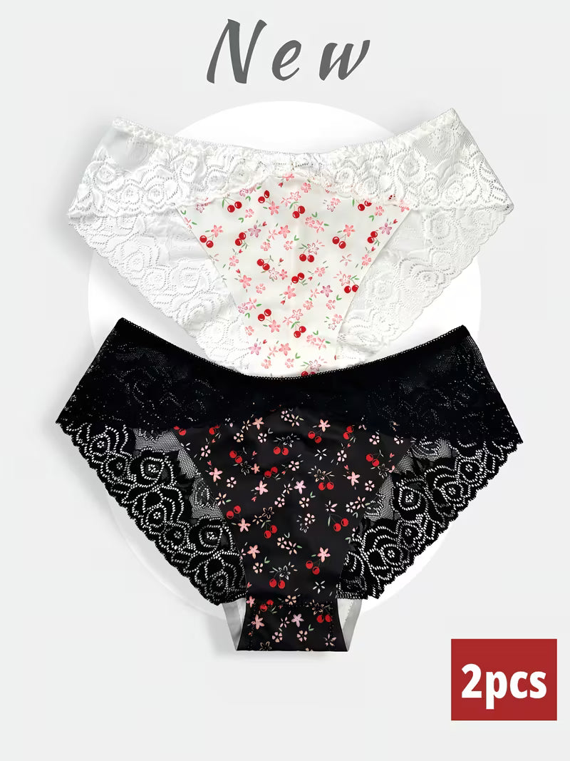 2pcs Women's Lace Floral Print Briefs - Soft Breathable Mesh Fabric with Contrast Lace Trim