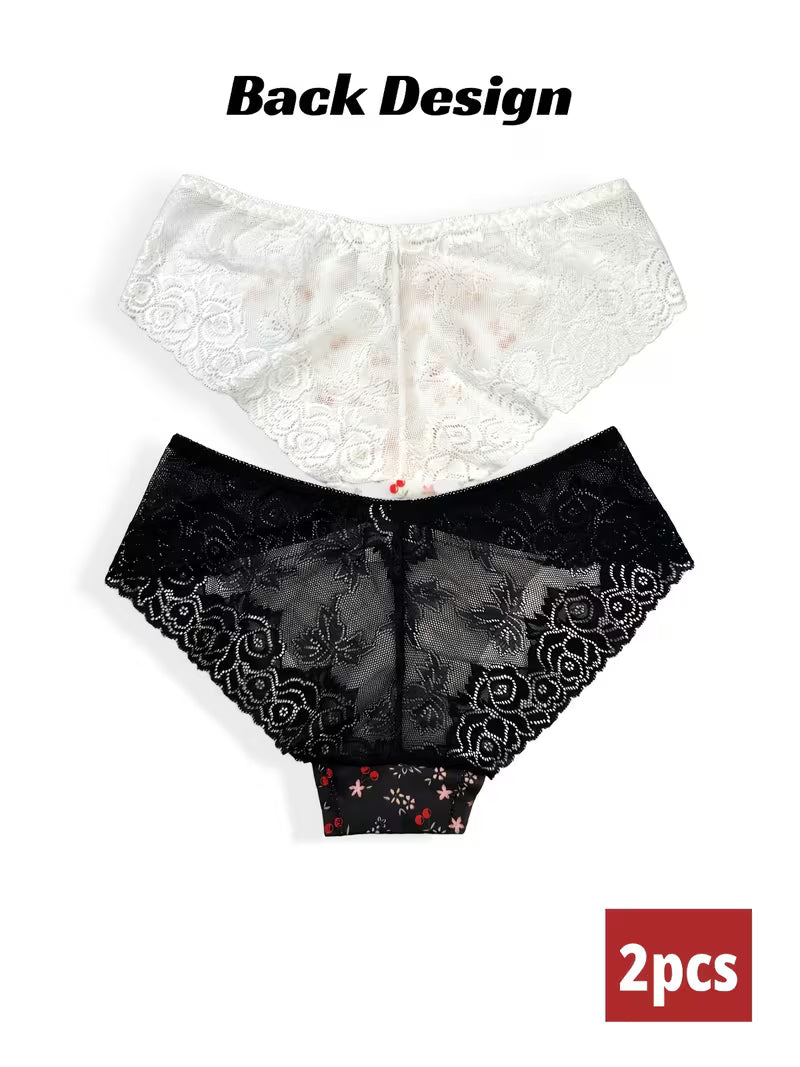 2pcs Women's Lace Floral Print Briefs - Soft Breathable Mesh Fabric with Contrast Lace Trim