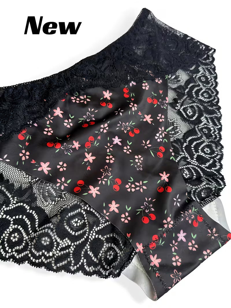 2pcs Women's Lace Floral Print Briefs - Soft Breathable Mesh Fabric with Contrast Lace Trim