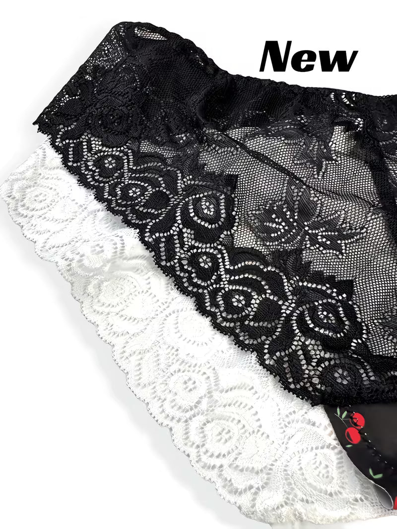 2pcs Women's Lace Floral Print Briefs - Soft Breathable Mesh Fabric with Contrast Lace Trim
