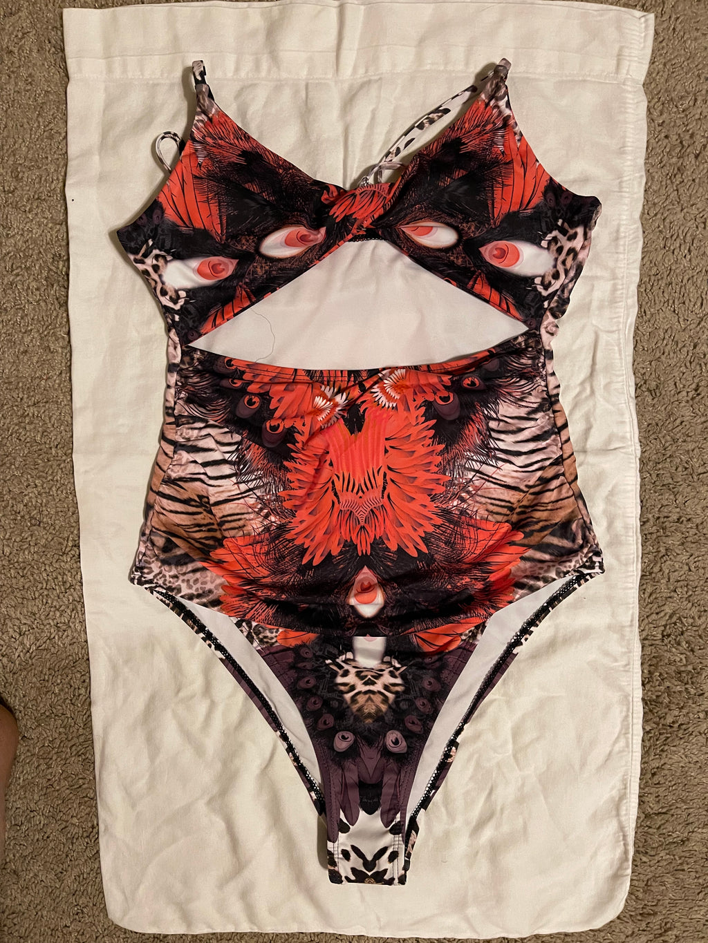 Allover Graphic Cut Out One Piece Swimsuit - Large