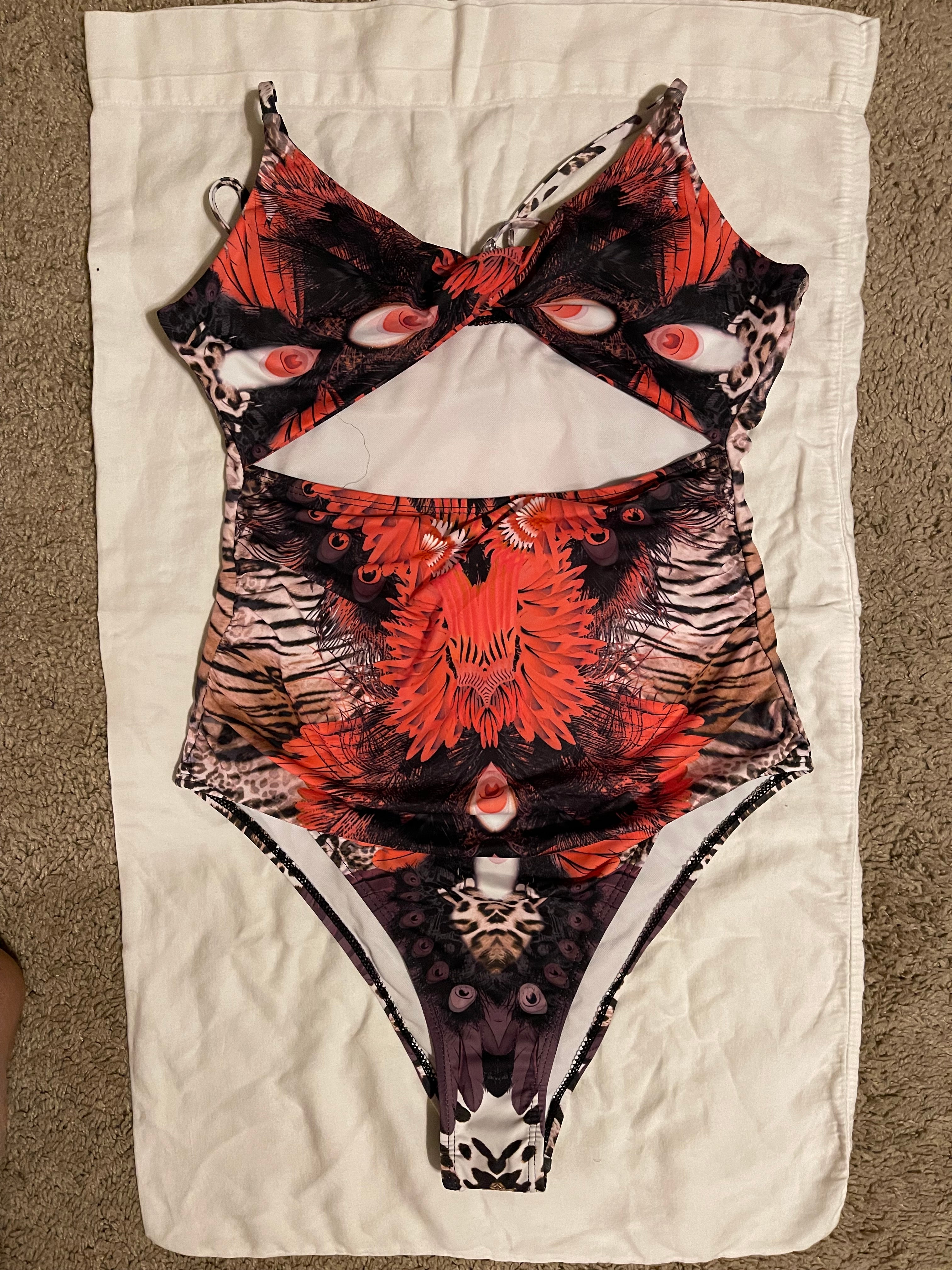 Allover Graphic Cut Out One Piece Swimsuit - Large