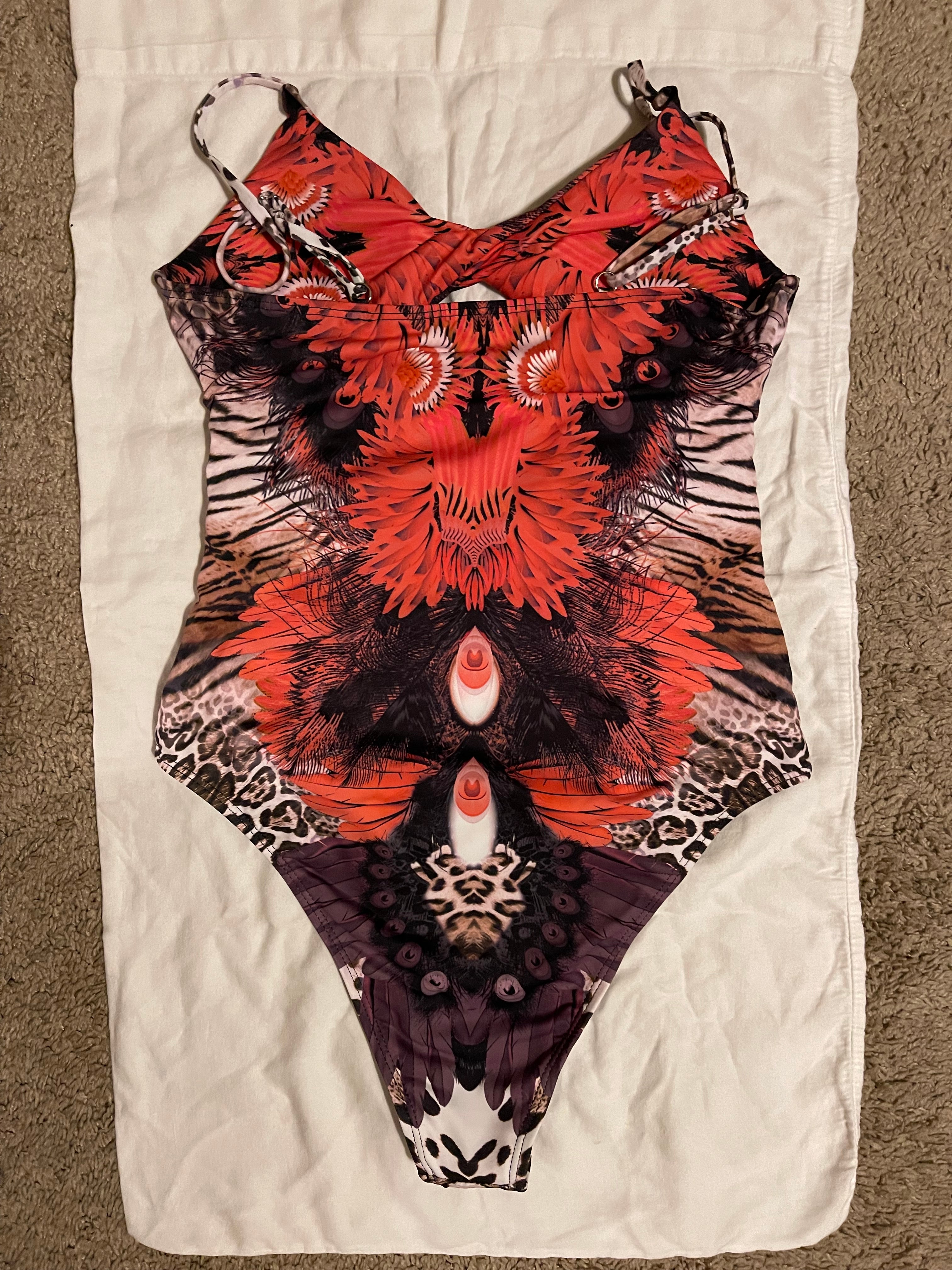 Allover Graphic Cut Out One Piece Swimsuit - Large